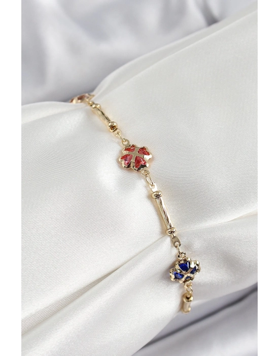 ® Pirinç Gold Renk Karışık Renk Yonca Zirkon Taşlı Kadın Bileklik