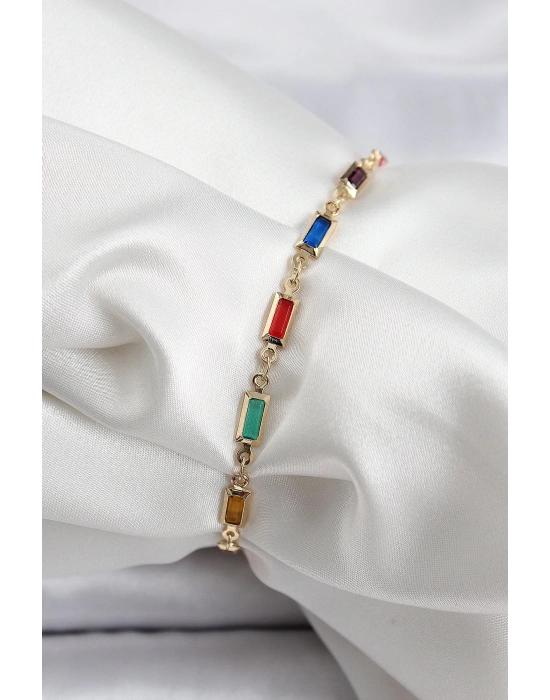 ® Pirinç Gold Renk Karışık Renkli Kare Zirkon Taşlı Kadın Bileklik