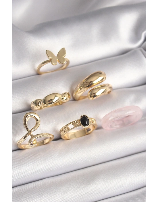 ® Pirinç Gold Renk Kelebek Figür Sarmal Model 6Lı Kadın Yüzük Seti