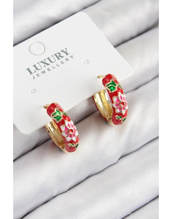 ® Pirinç Gold Renk Kırmızı Çiçek İşleme Mineli Kadın Küpe