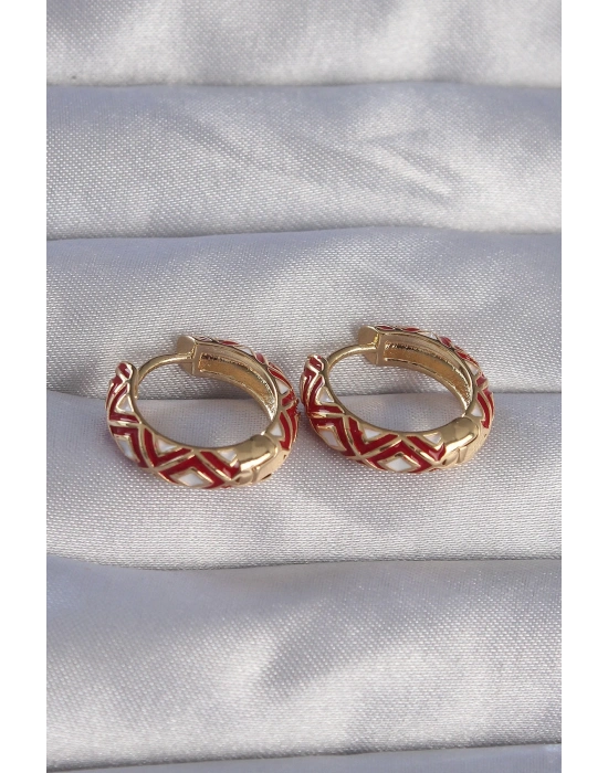 ® Pirinç Gold Renk Kırmızı Etnik Desenli Halka Küpe