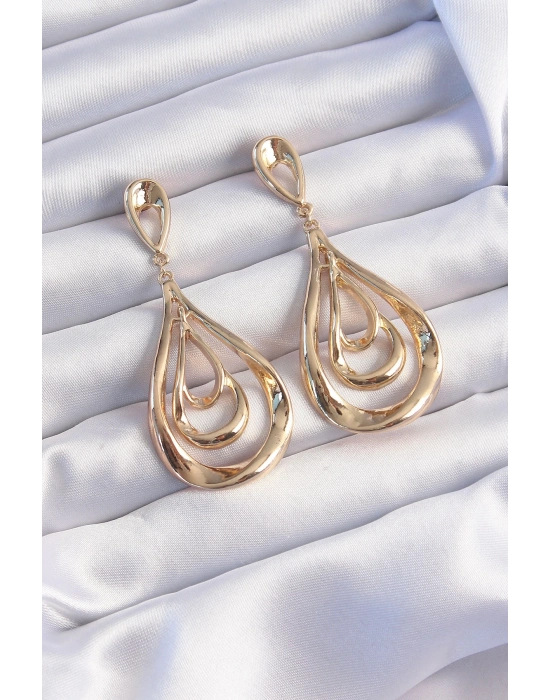 ® Pirinç Gold Renk Kıvrımlı Damla Görünüm Sallantılı Küpe