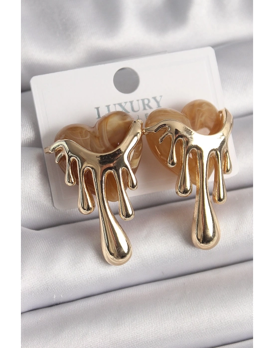 ® Pirinç Gold Renk Krem Sedefli Akan Kalp Model Kadın Küpe