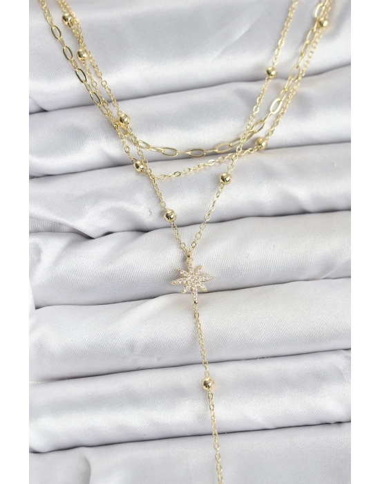 ® Pirinç Gold Renk Kutup Yıldızı Detaylı 3lü Kombin Kadın Kolye