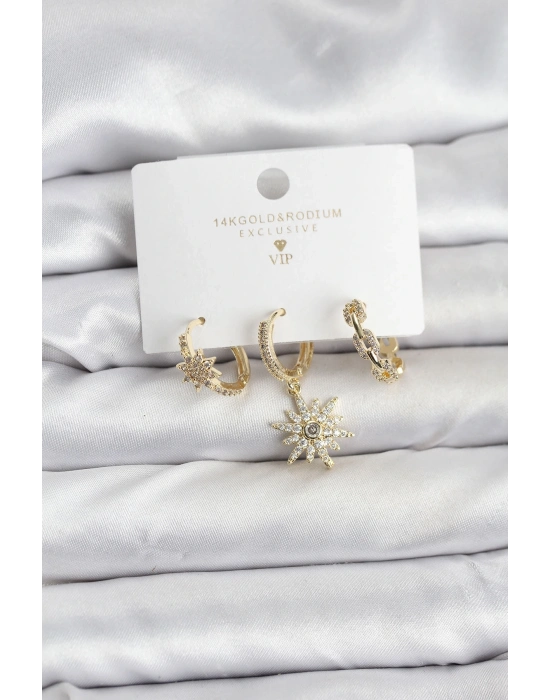 ® Pirinç Gold Renk Kutup Yıldızı Model 3lü Kadın Küpe Seti