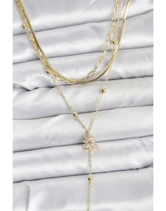 ® Pirinç Gold Renk Kutup Yıldızı Model Detaylı 3lü Kombin Y Kadın Kolye