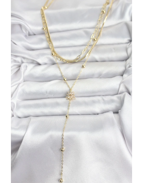 ® Pirinç Gold Renk Kutup Yıldızı Model Detaylı 3lü Kombin Y Kadın Kolye