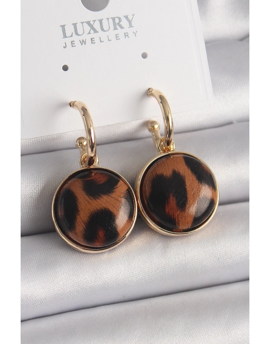 ® Pirinç Gold Renk Leopar Desenli Daire Model Kadın Küpe