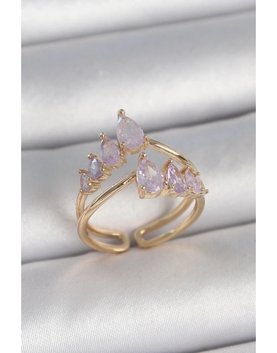 ® Pirinç Gold Renk Mor Damla Zirkon Taşlı Taç Model Kadın Yüzük