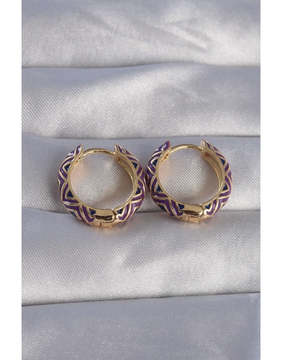 ® Pirinç Gold Renk Mor Etnik Desenli Halka Küpe