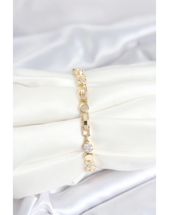 ® Pirinç Gold Renk Nokta Model Zirkon Taşlı Kadın Bileklik