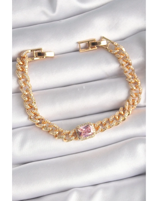 ® Pirinç Gold Renk Pembe Kare Zirkon Taşlı VIP Seri Kadın Bileklik