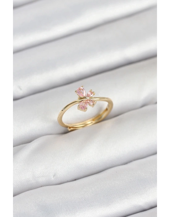 ® Pirinç Gold Renk Pembe Kelebek Kadın Yüzük