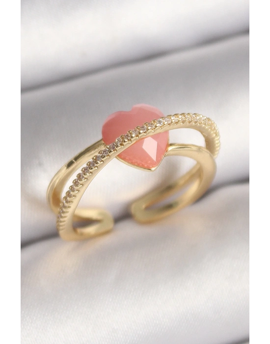 ® Pirinç Gold Renk Pembe Kristal Kalp Model Zirkon Taş Detaylı Kadın Yüzük