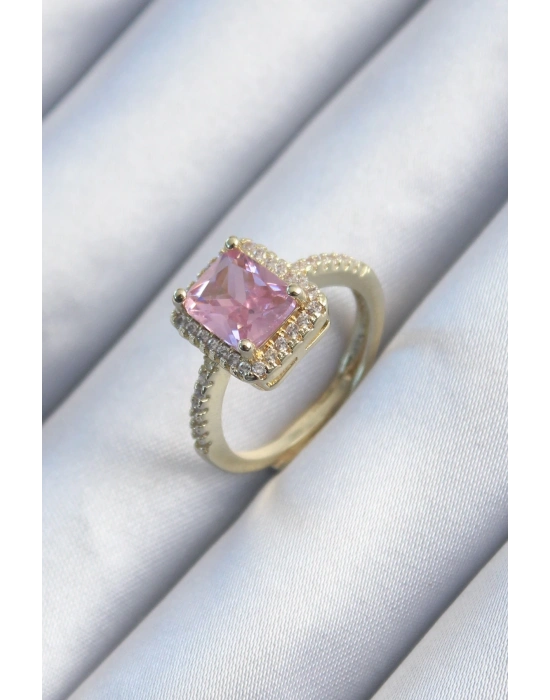 ® Pirinç Gold Renk Pembe Zirkon Taşlı Kadın Yüzük