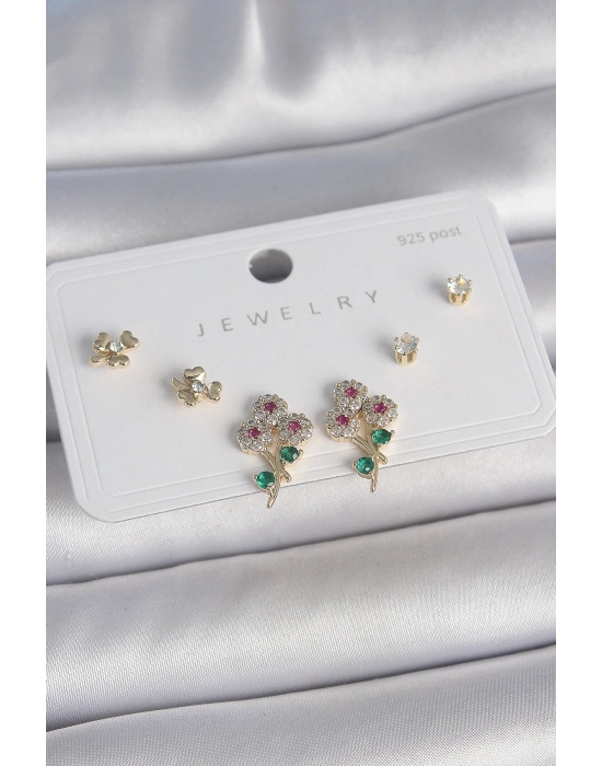 ® Pirinç Gold Renk Renkli Zirkon Taşlı Çiçek Model Yaprak Detay 925 Ayar Gümüş Çivi Kadın Küpe Seti