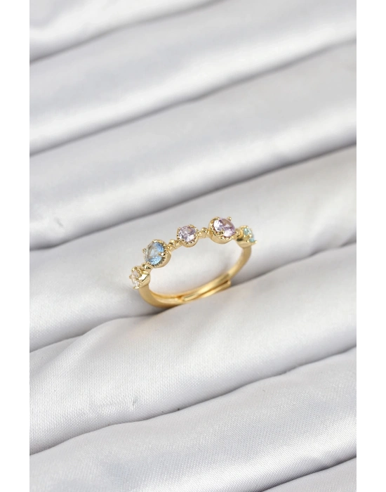 ® Pirinç Gold Renk Renkli Zirkon Taşlı Kadın Yüzük