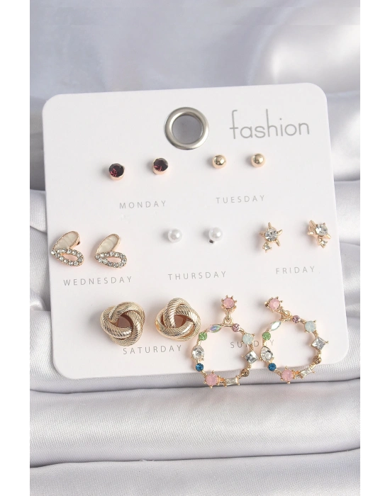 ® Pirinç Gold Renk Renkli Zirkon Taşlı Kalp Detay 7 Çift Kadın Küpe Seti