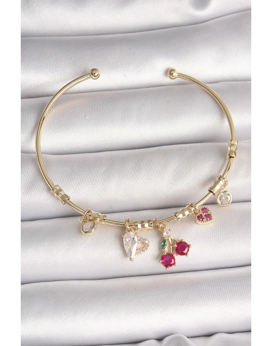 ® Pirinç Gold Renk Sallantı Kırmızı Zirkon Taşlı Kiraz Figür Charm Kadın Bileklik
