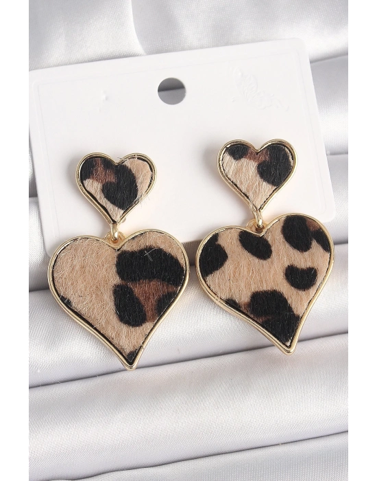 ® Pirinç Gold Renk Sallantı Leopar Kalp Model Kadın Küpe