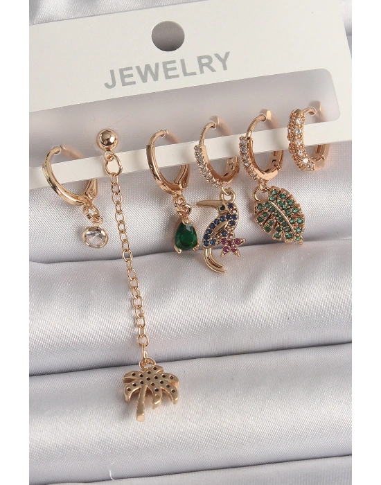 ® Pirinç Gold Renk Sallantı Zirkon Taşlı Ağaç Figür Kadın Küpe Seti