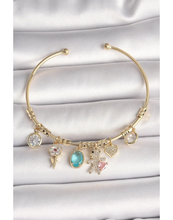 ® Pirinç Gold Renk Sallantı Zirkon Taşlı AYıcık Figür Kalp Detay Charm Kadın Bileklik