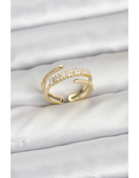 ® Pirinç Gold Renk Sıralı Baget Zirkon Taşlı Kadın Yüzük