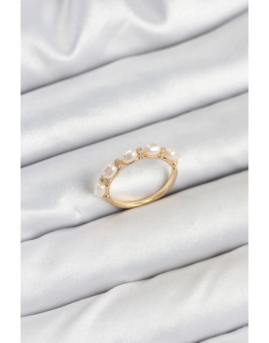 ® Pirinç Gold Renk Sıralı İncili Kadın Yüzük