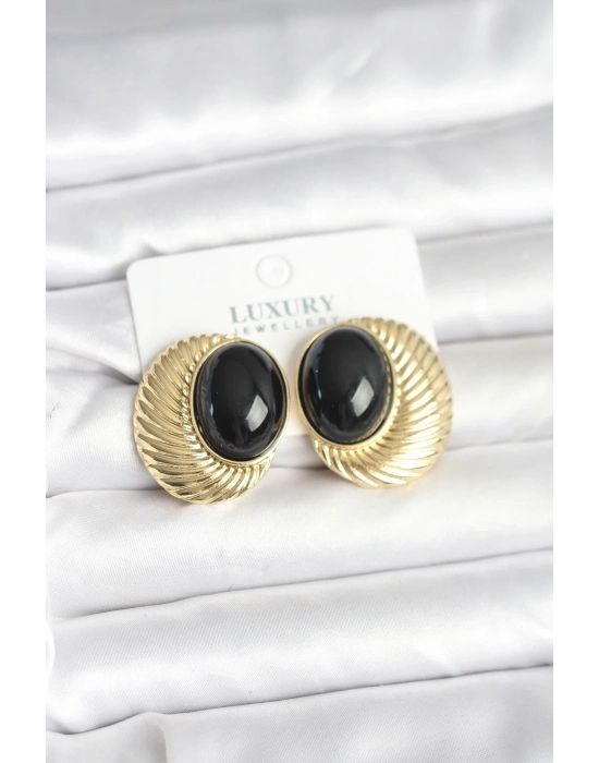 ® Pirinç Gold Renk Siyah Boncuklu Oval Vintage Kadın Küpe