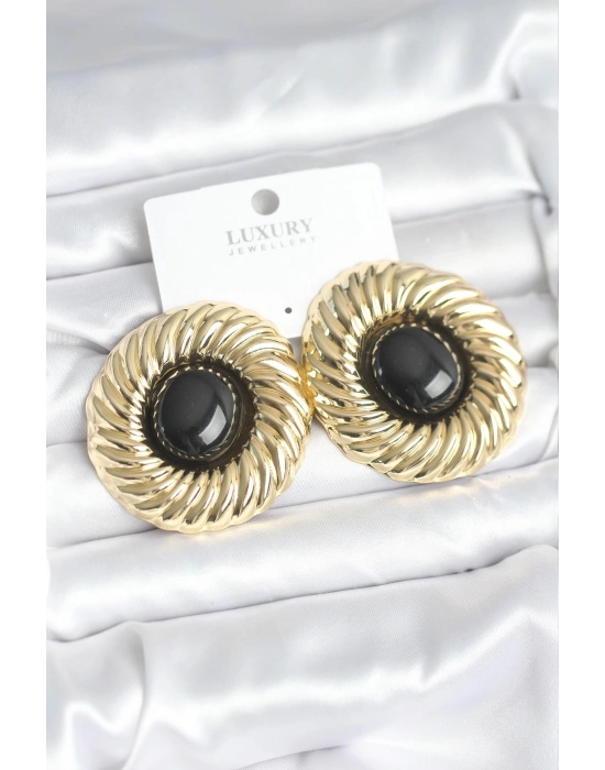 ® Pirinç Gold Renk Siyah Boncuklu Vintage Kadın Küpe
