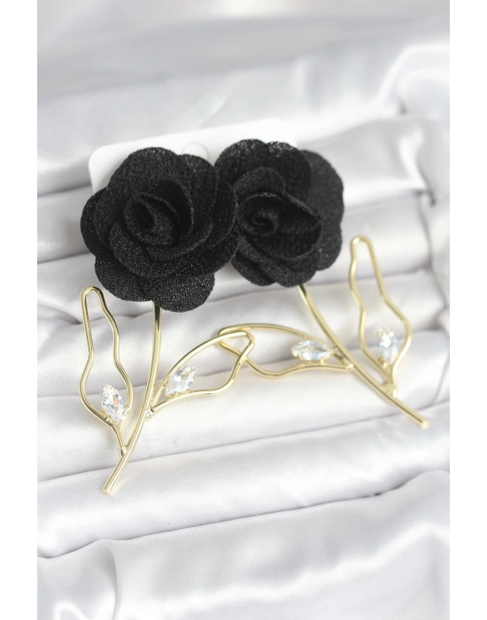 ® Pirinç Gold Renk Siyah Gül Model Kadın Küpe