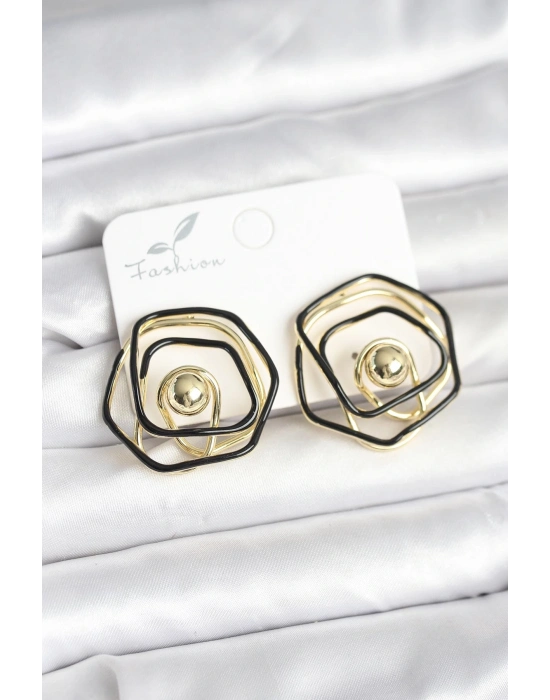 ® Pirinç Gold Renk Siyah Mineli Geometrik Gül Model Kadın Küpe