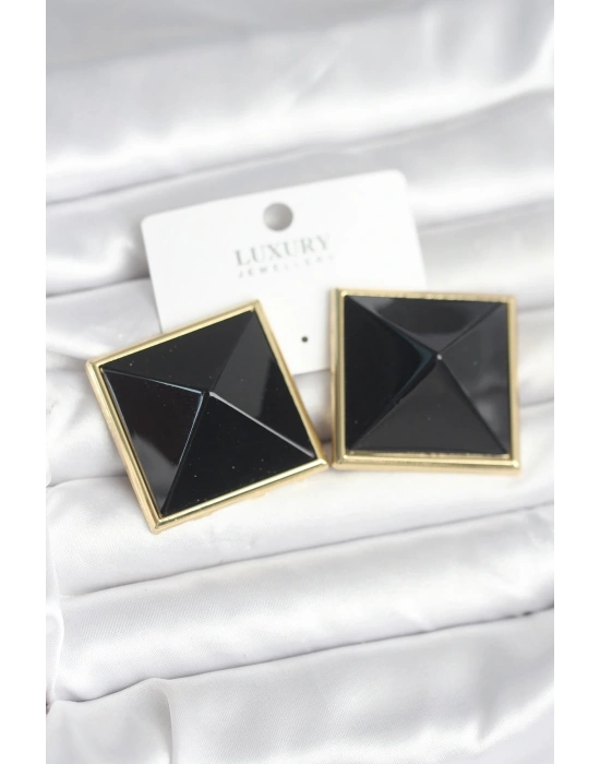 ® Pirinç Gold Renk Siyah Piramit Model Kadın Küpe