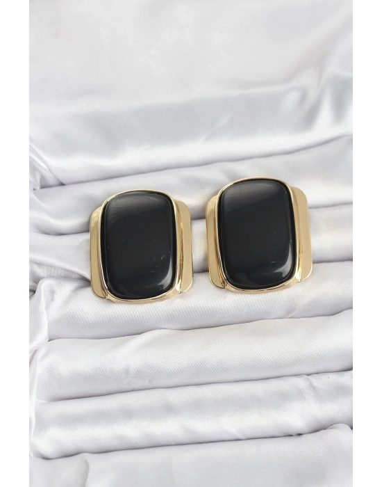 ® Pirinç Gold Renk Siyah Plaka Vintage Kadın Küpe