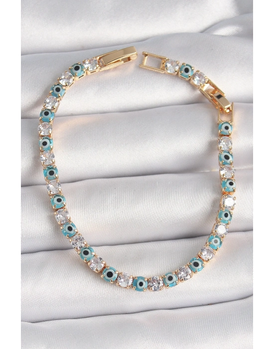 ® Pirinç Gold Renk Su Yolu Zirkon Taşlı Nazar Boncuklu Kadın Bileklik