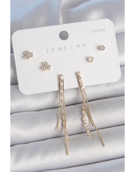 ® Pirinç Gold Renk Su Yolu Zirkon Taşlı Sallantı Model Çiçek Detay 925 Ayar Gümüş Çivi Kadın Küpe Seti