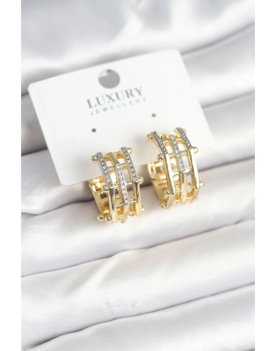 ® Pirinç Gold Renk Taşlı Halka Kadın Küpe