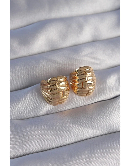 ® Pirinç Gold Renk Tırtıklı Minimal Bombeli Tasarım Küpe