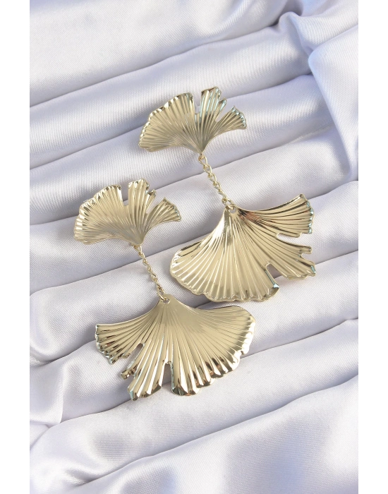 ® Pirinç Gold Renk Tırtıklı Yaprak Model Sallantılı Küpe