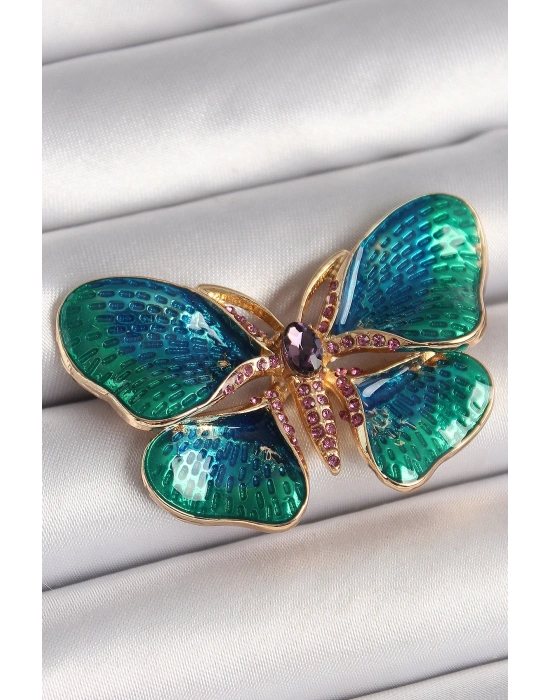 ® Pirinç Gold Renk Turquaz Model Zirkon Taş Detaylı Kelebek Model Kadın Broş