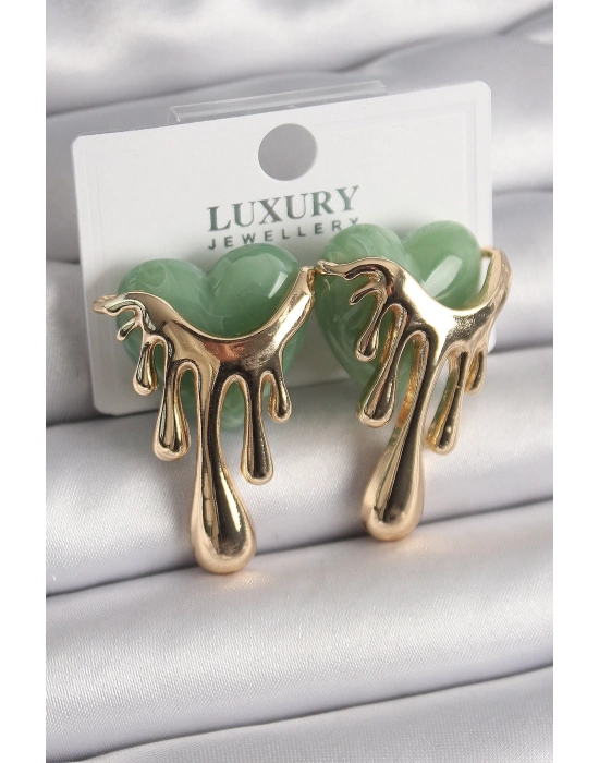 ® Pirinç Gold Renk Yeşil Sedefli Akan Kalp Model Kadın Küpe