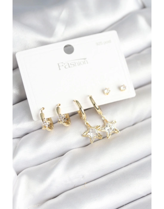 ® Pirinç Gold Renk Yıldız Model 925 Gümüş Çivili Kadın Küpe Seti