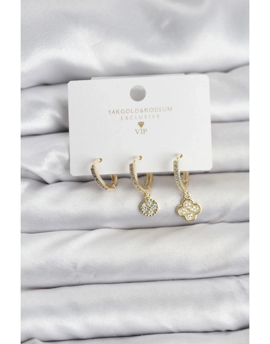 ® Pirinç Gold Renk Yonca Model 3lü Kadın Küpe Seti