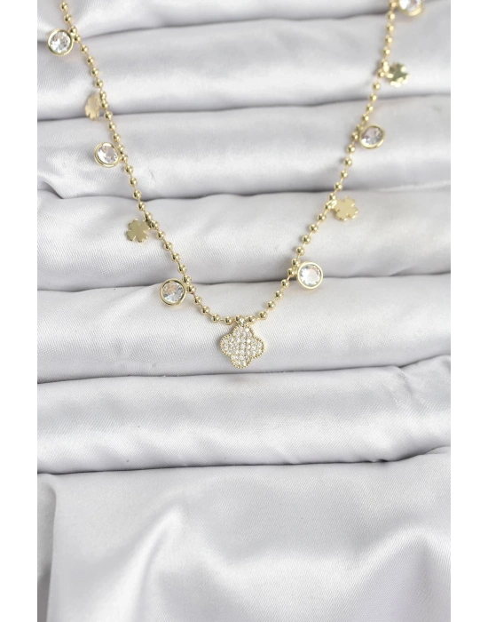 ® Pirinç Gold Renk Yonca Model Kadın Kolye