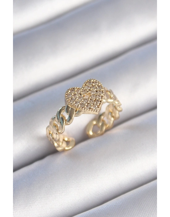 ® Pirinç Gold Renk Zincir Kordon Zirkon Taşlı Kalp Model Kadın Yüzük