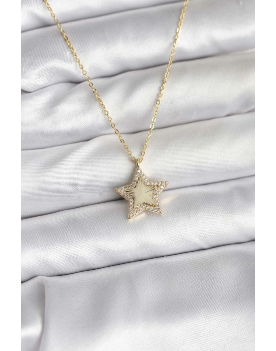 ® Pirinç Gold Renk Zincirli Yıldızlı Model Kadın Kolye