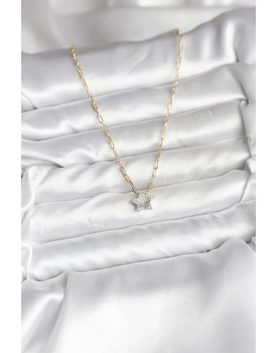 ® Pirinç Gold Renk Zincirli Zirkon Taşlı Minimal Yıldız Model Kadın Kolye