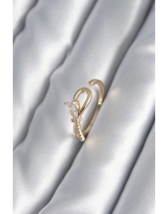 ® Pirinç Gold Renk Zirkon Taş Detay Kurdele Model Kadın Yüzük