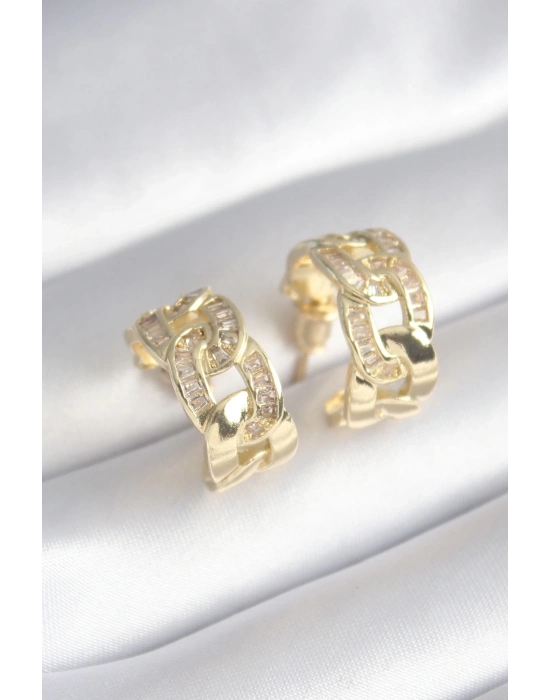 ® Pirinç Gold Renk Zirkon Taş Detay Zincir Model Kadın Küpe