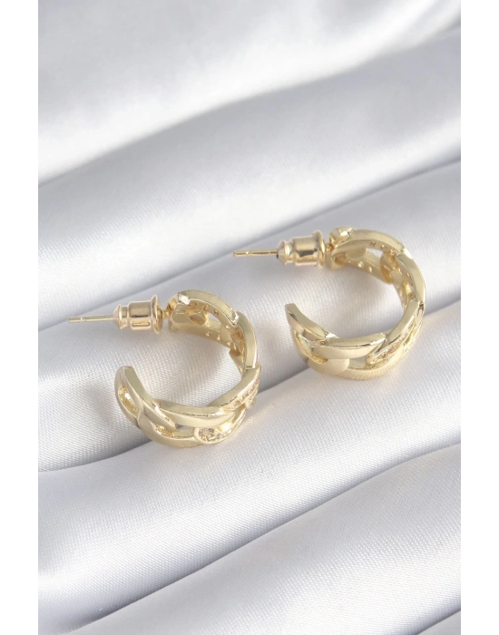 ® Pirinç Gold Renk Zirkon Taş Detay Zincir Model Kadın Küpe